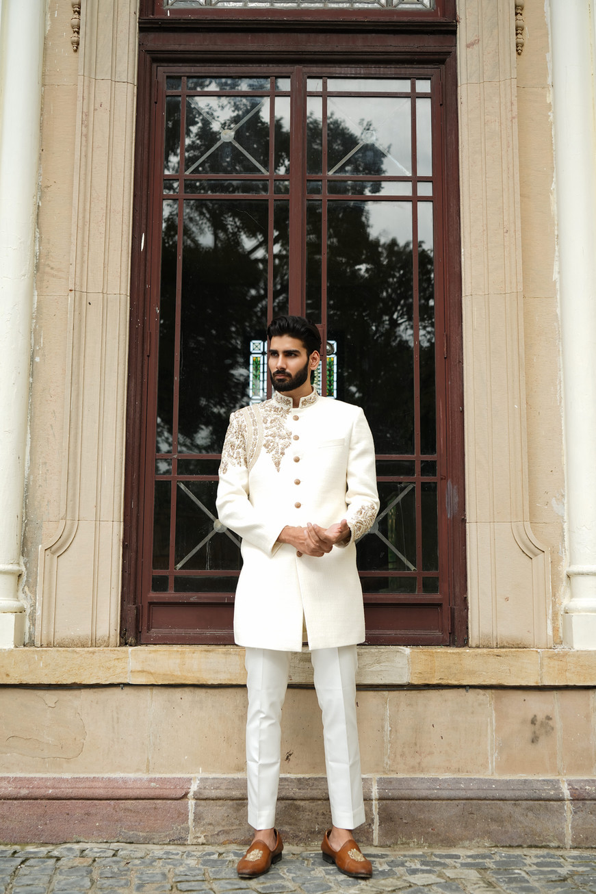 Ivory Heirloom Zardozi Handloom Achkan Ensemble for groom with dabka pearl resham and sequin hand embroidery – bespoke by Clo