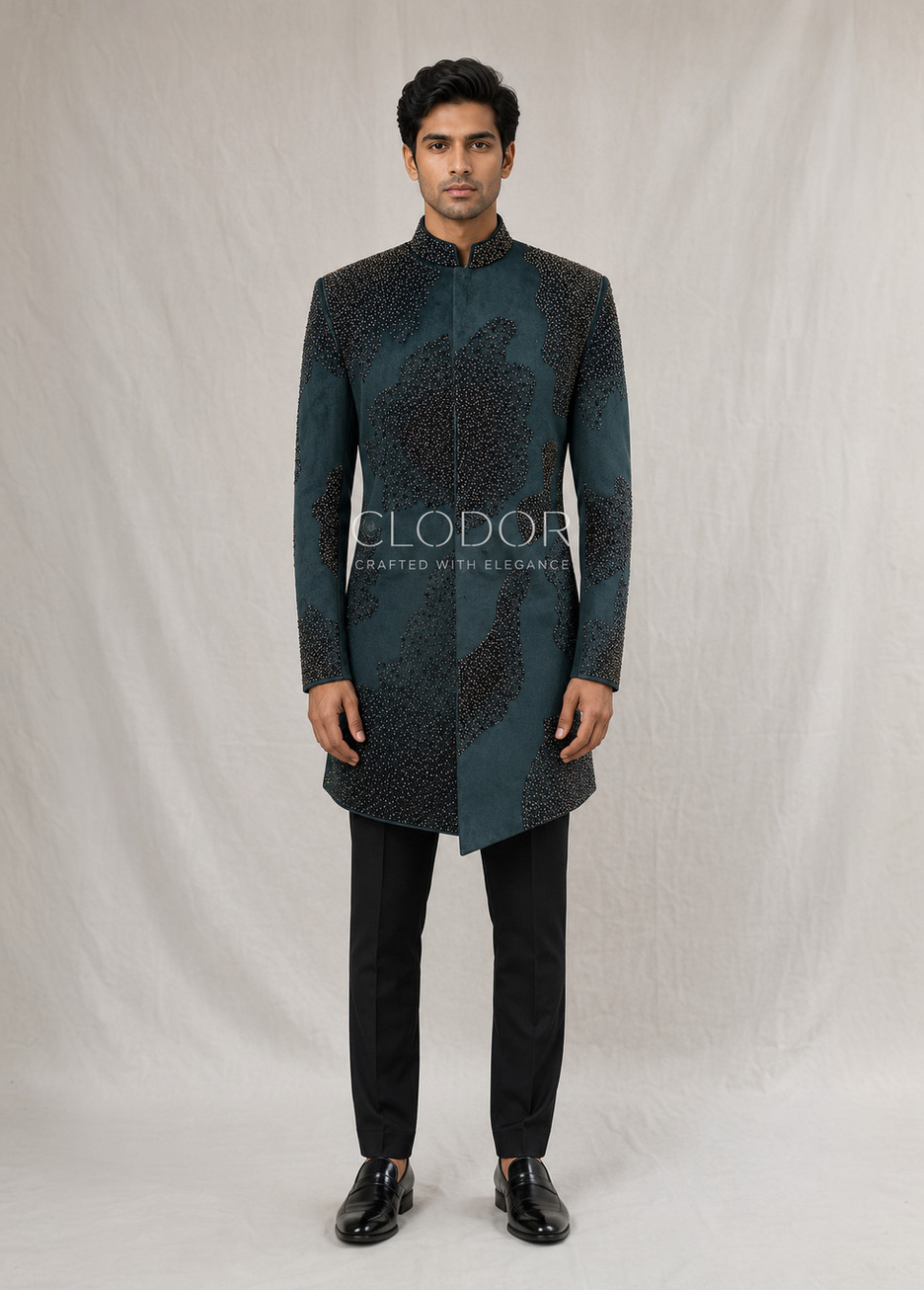 Aegean teal velvet indo western for men with heavy pearl and glass hand embroidery – bespoke by Clodor