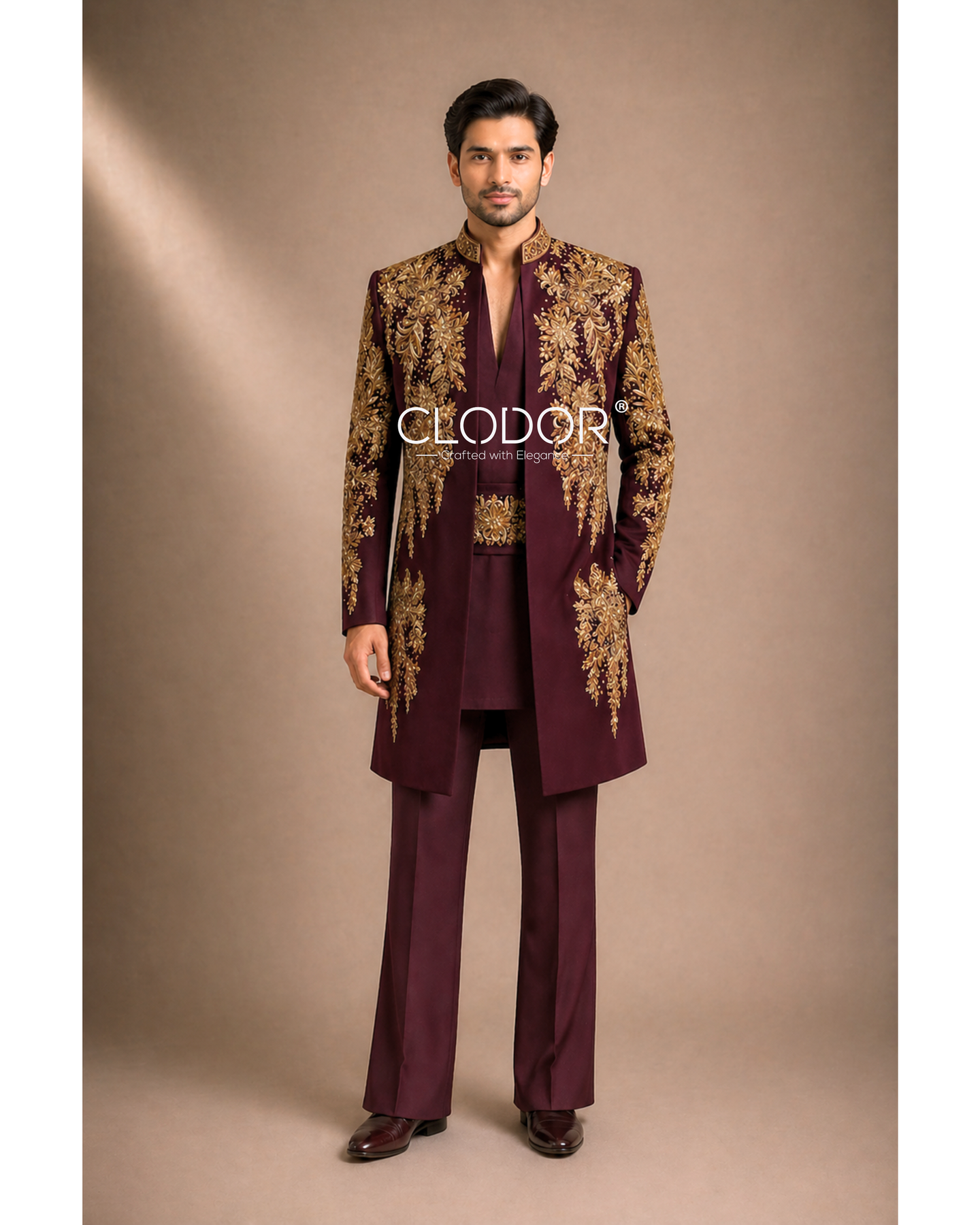Full length wine embroidered shrug set with flared trousers and cummerbund
