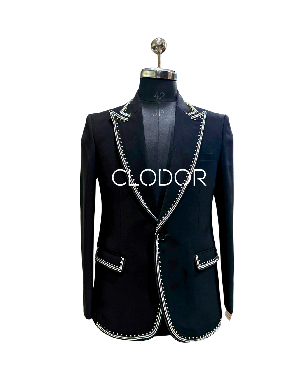 Pearl accents and resham knot detailing on black Japanese crepe blazer
