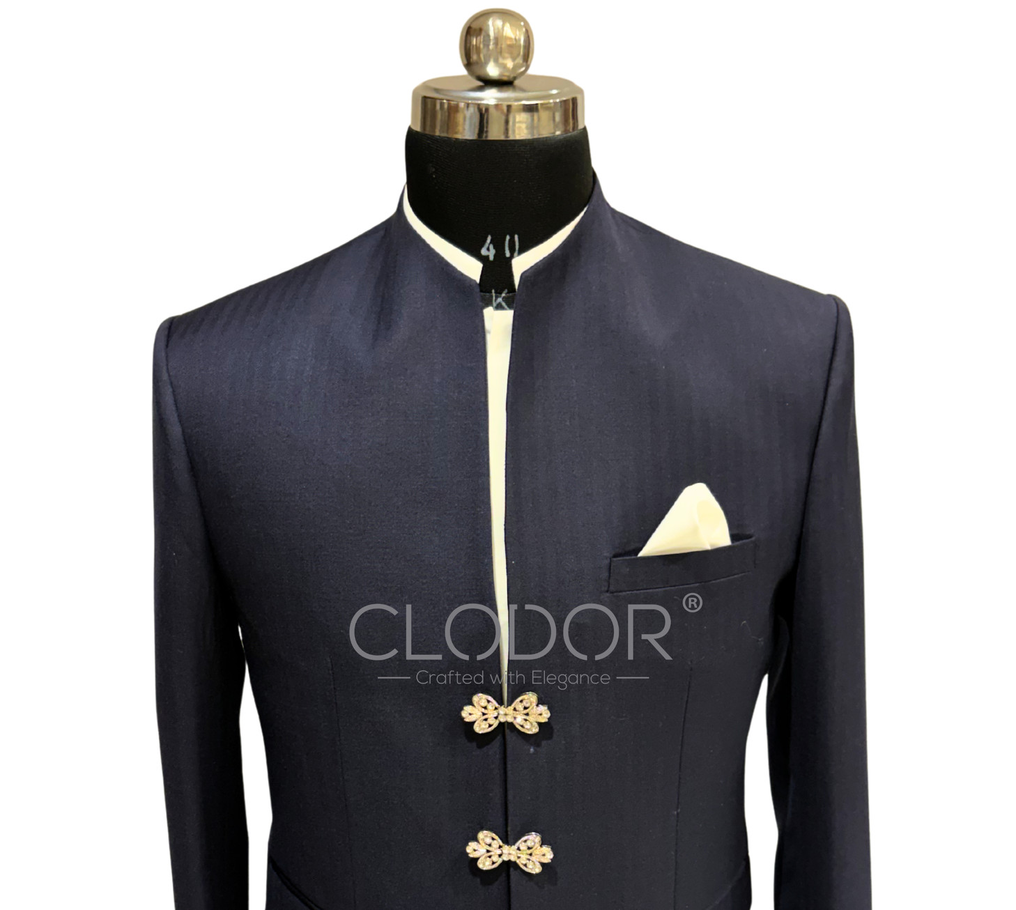 Premium 120-count herringbone wool blend fabric in rich midnight blue on Maharaja Bandhgala – Clodor