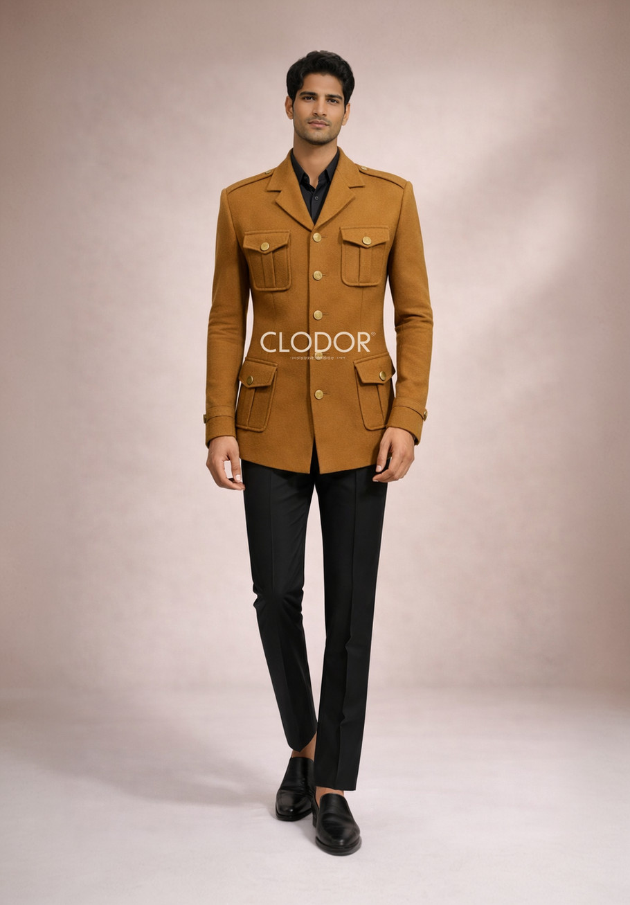 Khari Safari mustard tweed jacket for men with metallic buttons and notch lapel – bespoke by Clodor