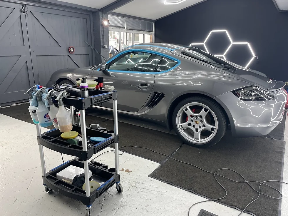 Grey Porsche being detailed inside the ProLine studio in Quorn