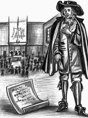 Darstellung der Delegierten bei der Annahme des Dordrechter Glaubensbekenntnisses 1632 in Dordrecht. Rechts: Herman op den Graeff aus der Krefelder Mennonitengemeinde.