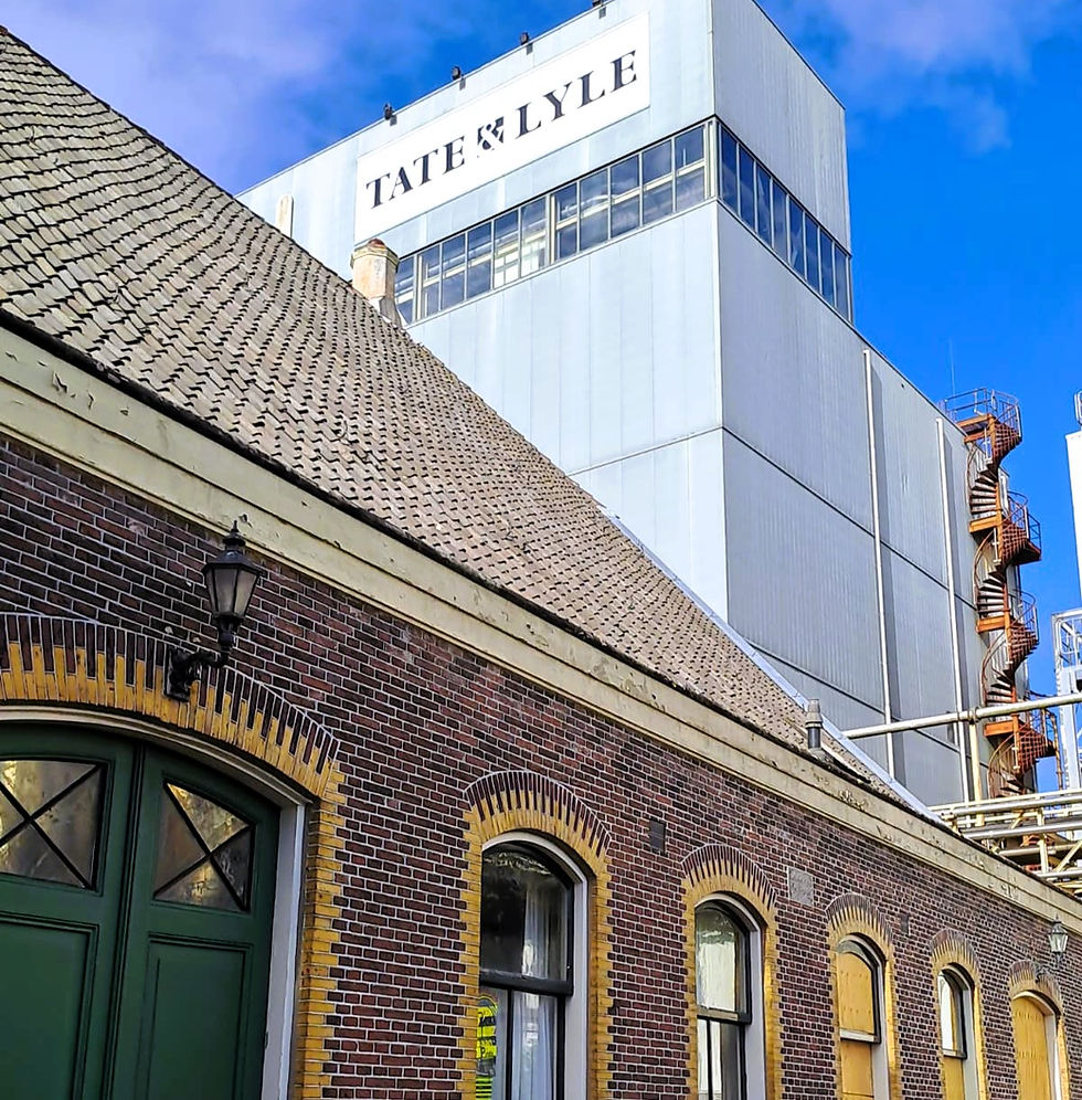 vorne die Mennonitenkirche Koog aan de Zaan, Nordholland; hinten ein Industriegebäude, gegründet von einem mennonitischen Unternehmer