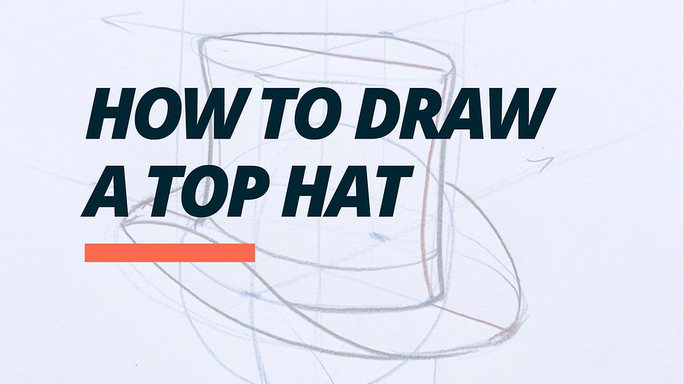 A short drawing tutorial demonstrating how to construct a top hat in perspective using simple forms and ellipses.
