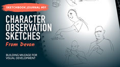 Stylised blog banner featuring character observation sketches from a Devon sketchbook, showing quick figure drawings and head studies used for visual development practice.