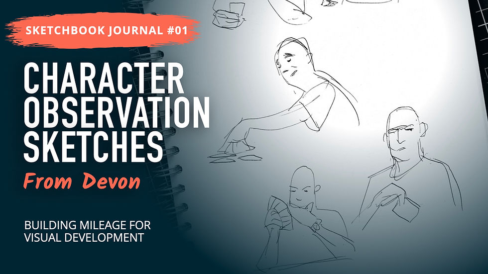 Stylised blog banner featuring character observation sketches from a Devon sketchbook, showing quick figure drawings and head studies used for visual development practice.