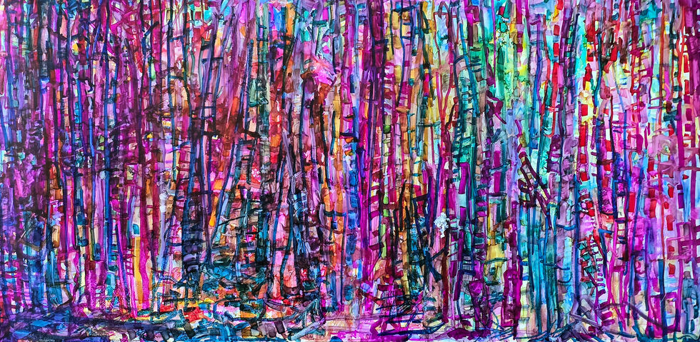 Alcohol ink abstracted forest at night bright vibrant reds purples turquoise