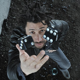 Black and white dice, Andy Palmer, Tage Plantell of Silver Halide , Hazard of the Die, Singer Songwriter, Album Cover, Portrait photography,