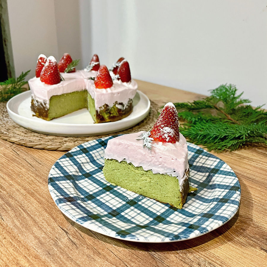 slice strawberry matcha basque cheesecake