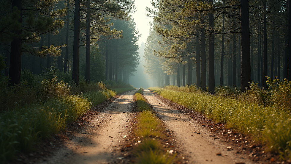 Wide angle view of a dirt road leading through a wooded land area