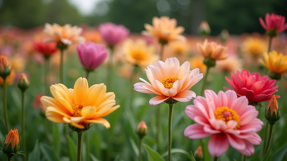 Wide angle view of a vibrant flower garden in full bloom