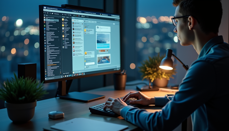 High angle view of a person managing multiple digital communication channels on a computer