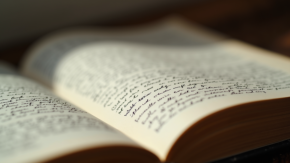 Close-up view of an opening page of a novel showing handwritten notes