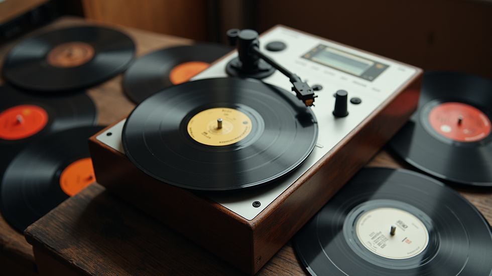 High angle view of a vintage vinyl record player with records