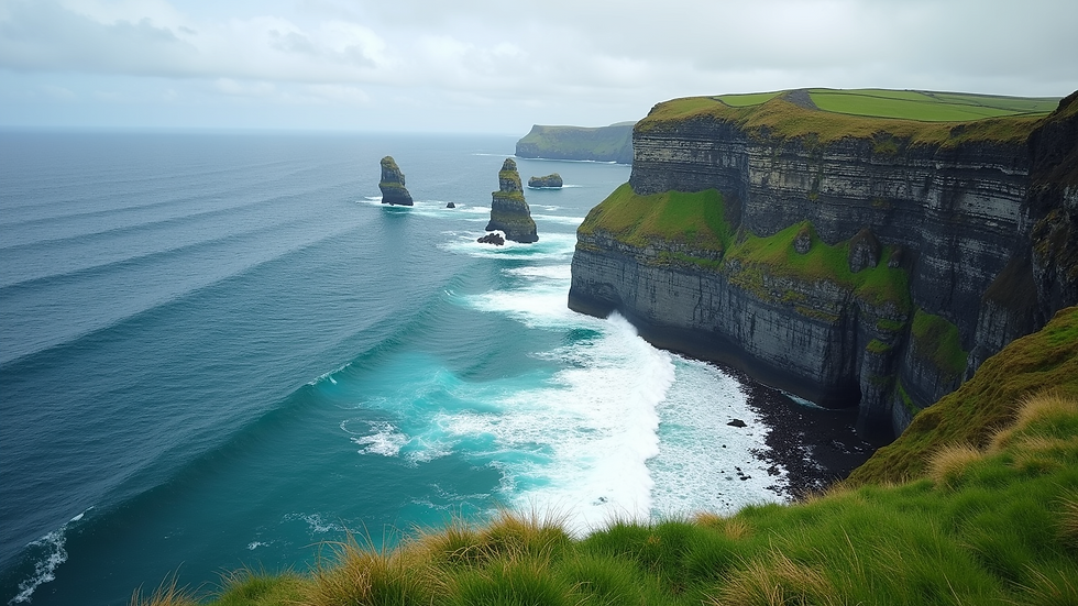 Wide angle view of the Cliffs of Moher overlooking the Atlantic Ocean