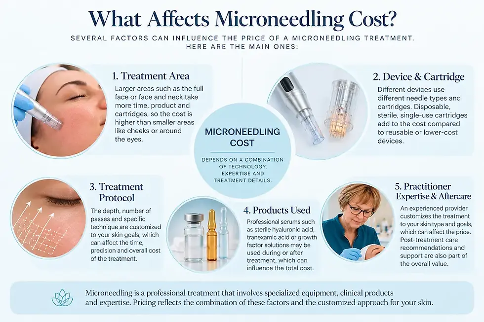 Five factors that affect microneedling cost, including treatment area, device, protocol, products and practitioner expertise