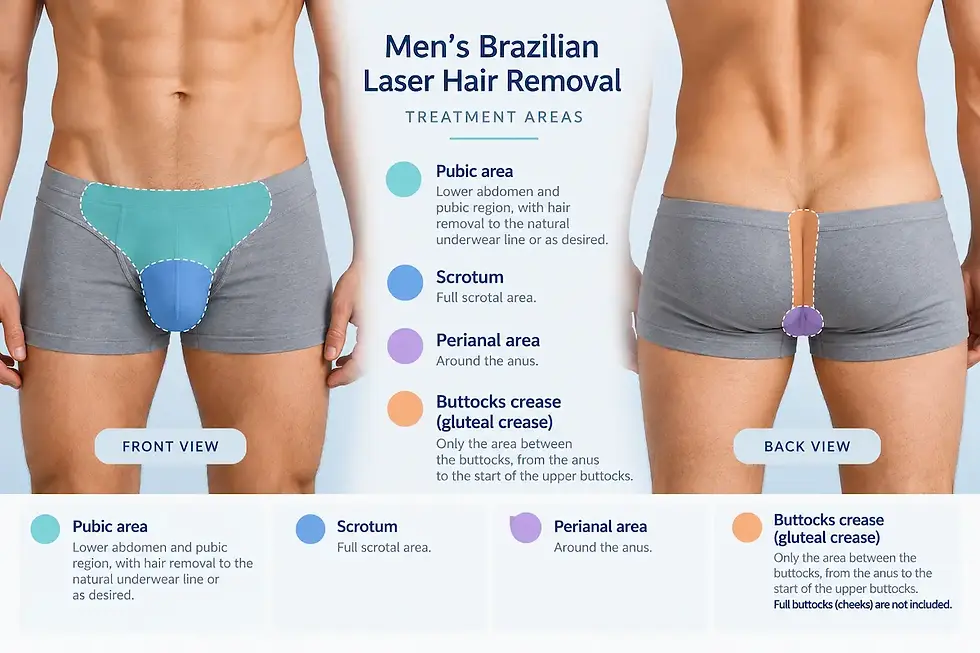Men's Brazilian laser hair removal treatment areas including pubic area, scrotum, perianal area and buttocks crease