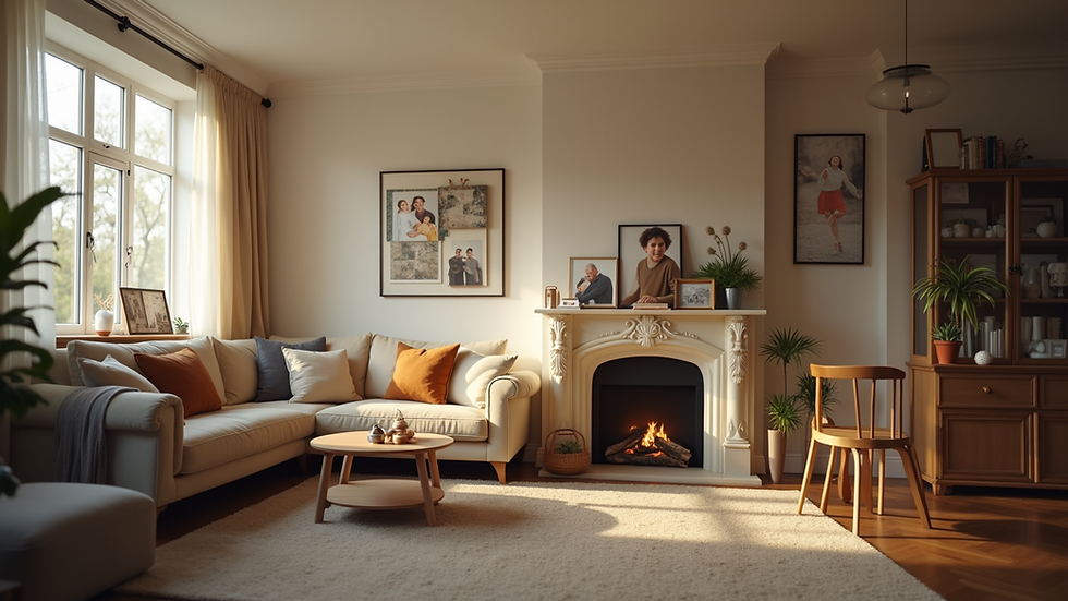 Eye-level view of a cozy living room with family photos and a welcoming atmosphere