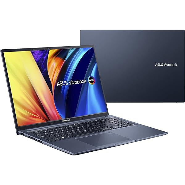 Thumbnail: Open dark blue ASUS Vivobook laptop with colorful screen, lid visible