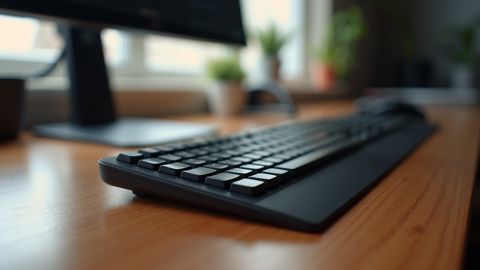 Close-up view of a sleek ergonomic keyboard on a wooden desk