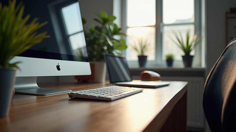 Eye-level view of a modern home office setup with a desktop computer and accessories