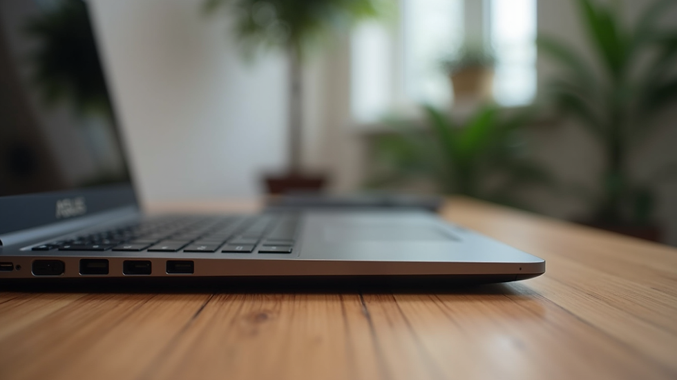 Eye-level view of a sleek Asus laptop on a wooden desk