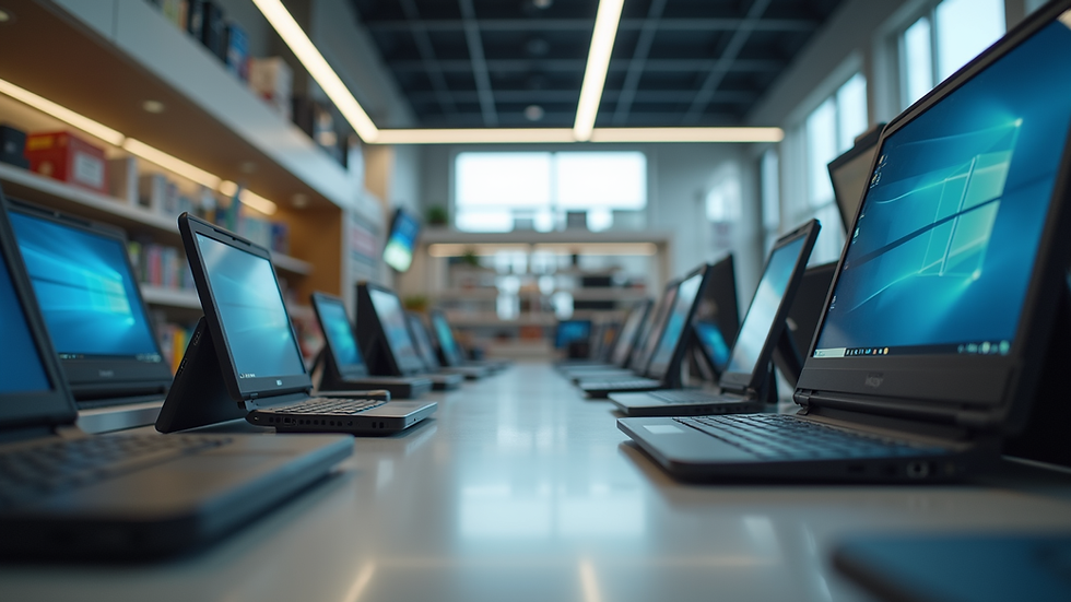 Eye-level view of a computer store aisle with laptops on display