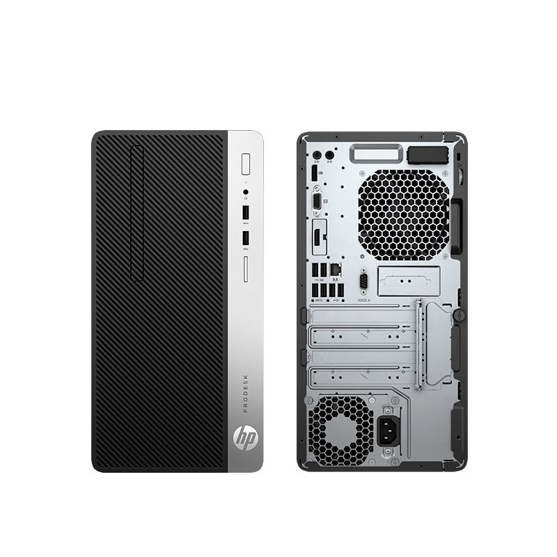 Thumbnail: HP desktop computer tower, front and back views