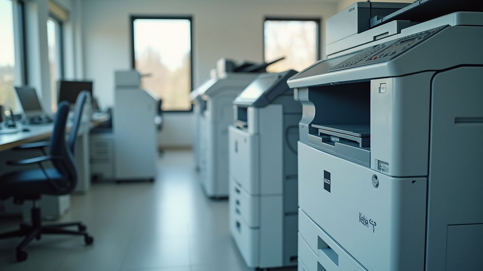 High angle view of office with printers and photocopiers