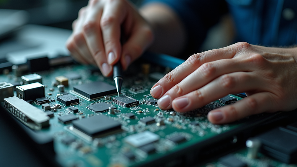Close-up view of technician repairing a laptop motherboard