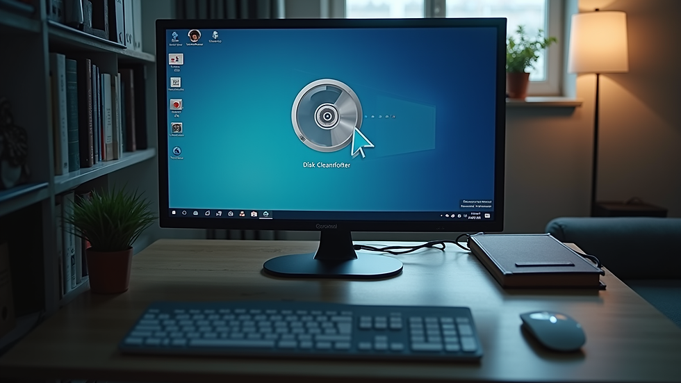 High angle view of a desktop computer with open Disk Cleanup tool