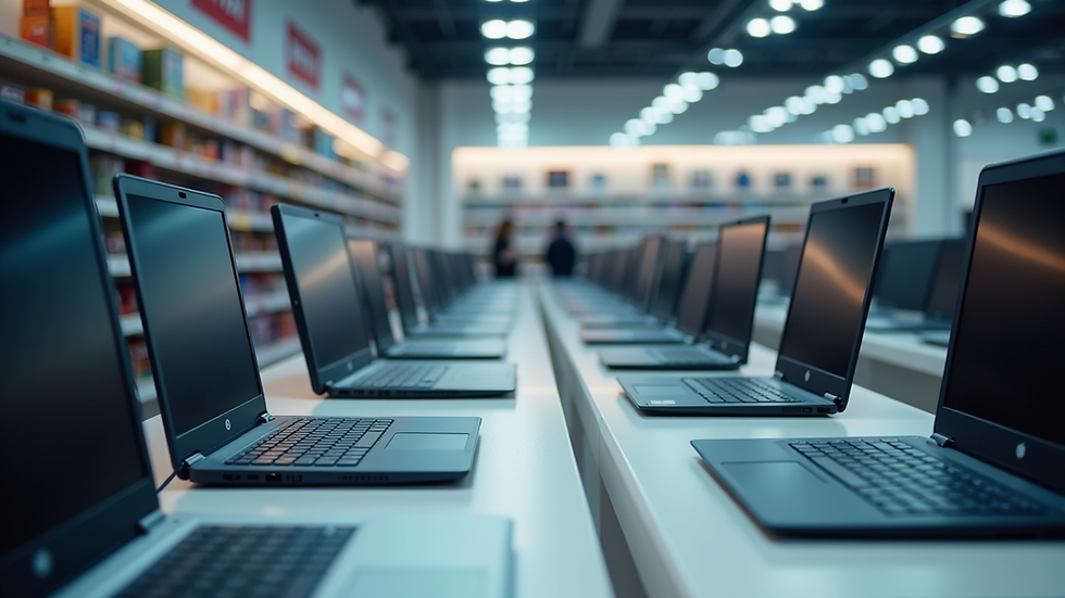 Eye-level view of a computer store aisle with laptops on display