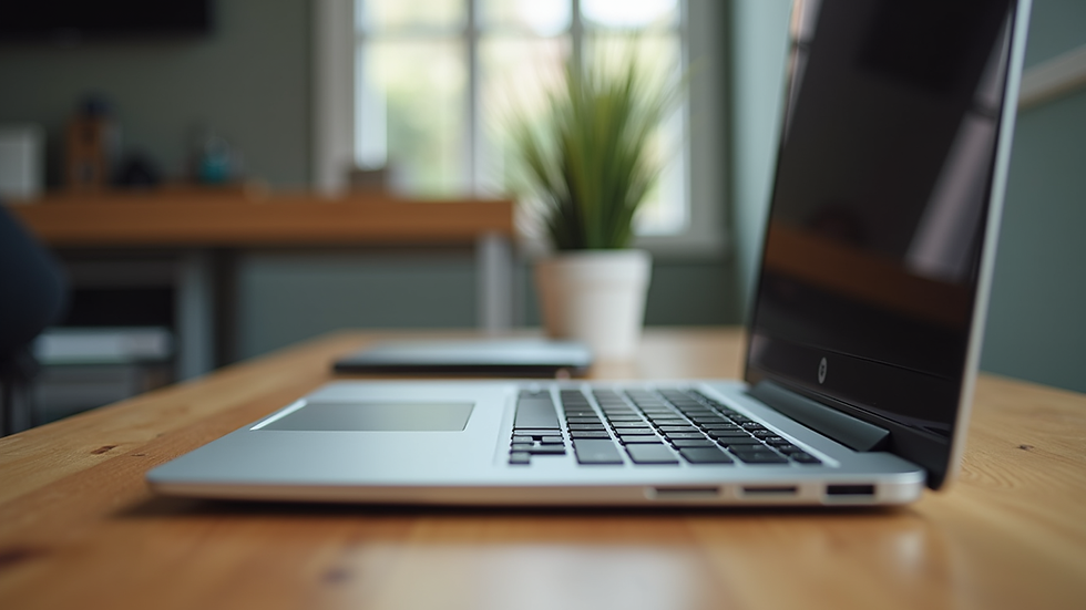 Eye-level view of a sleek HP laptop on a wooden desk