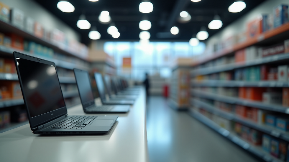 Eye-level view of a computer store aisle with laptops on display