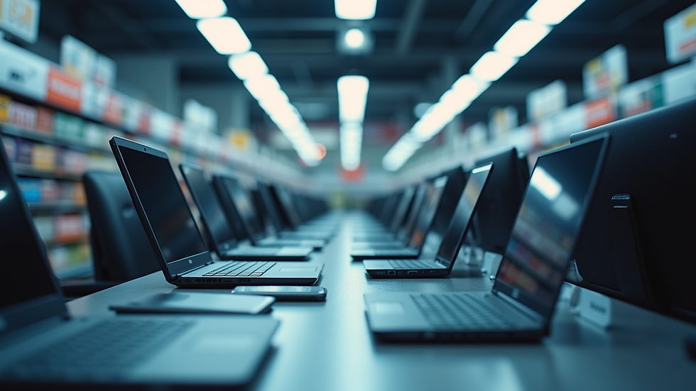Eye-level view of computer store aisle with various laptops on display