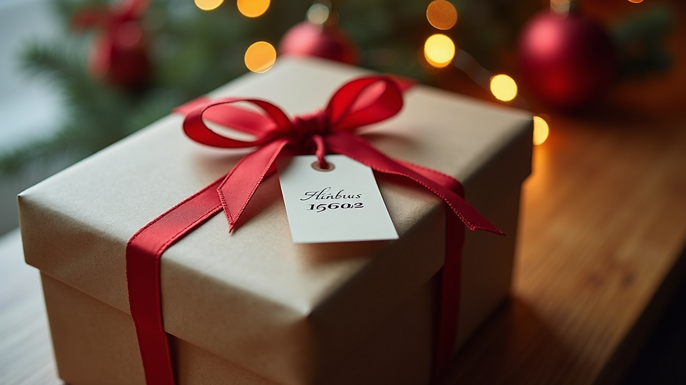 Close-up view of a beautifully wrapped personalized gift with a ribbon and tag