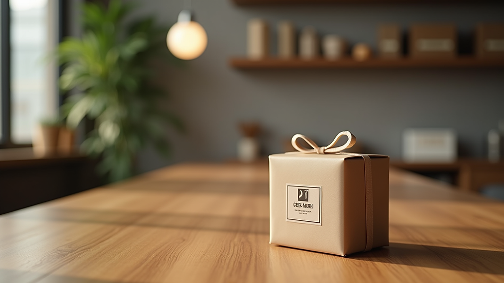 Eye-level view of a branded corporate gift set on a wooden table