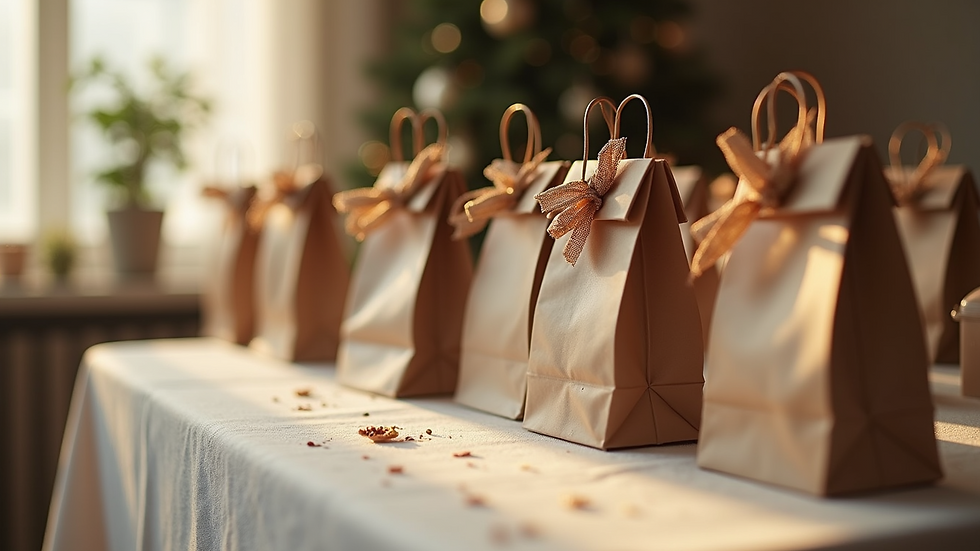 High angle view of a table with personalized gift bags