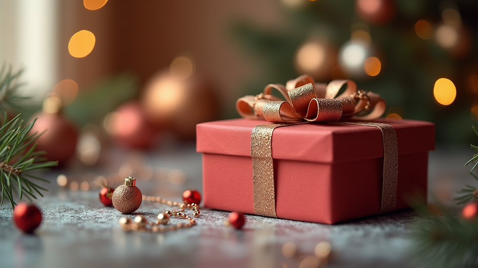 Eye-level view of a branded gift box with festive decorations