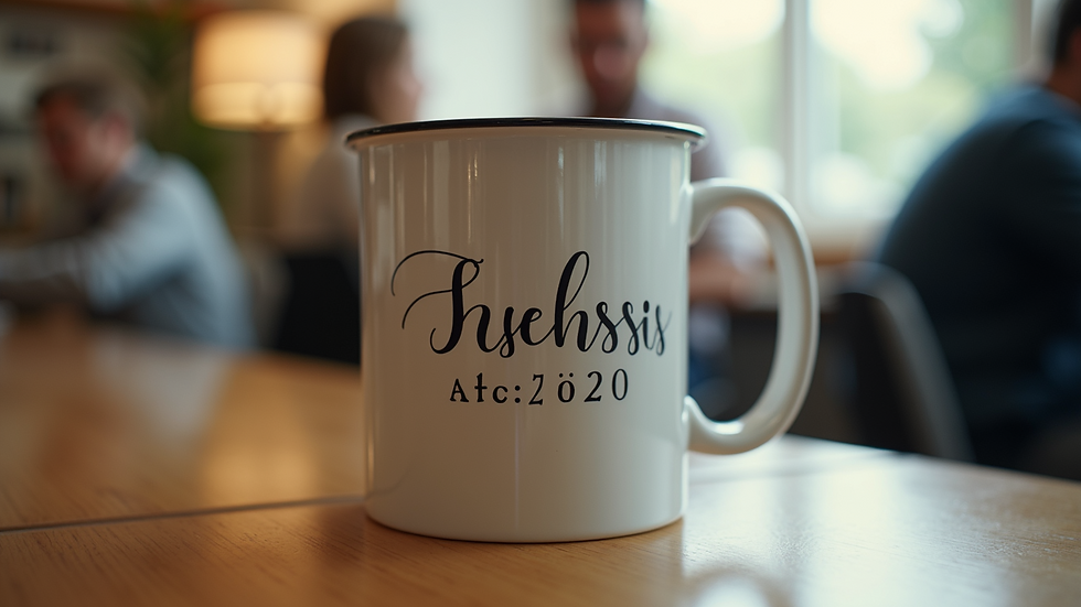 Eye-level view of a personalized mug with a name and date