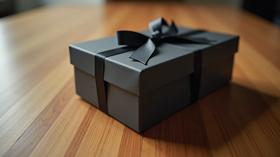 Eye-level view of a branded corporate gift set on a wooden table