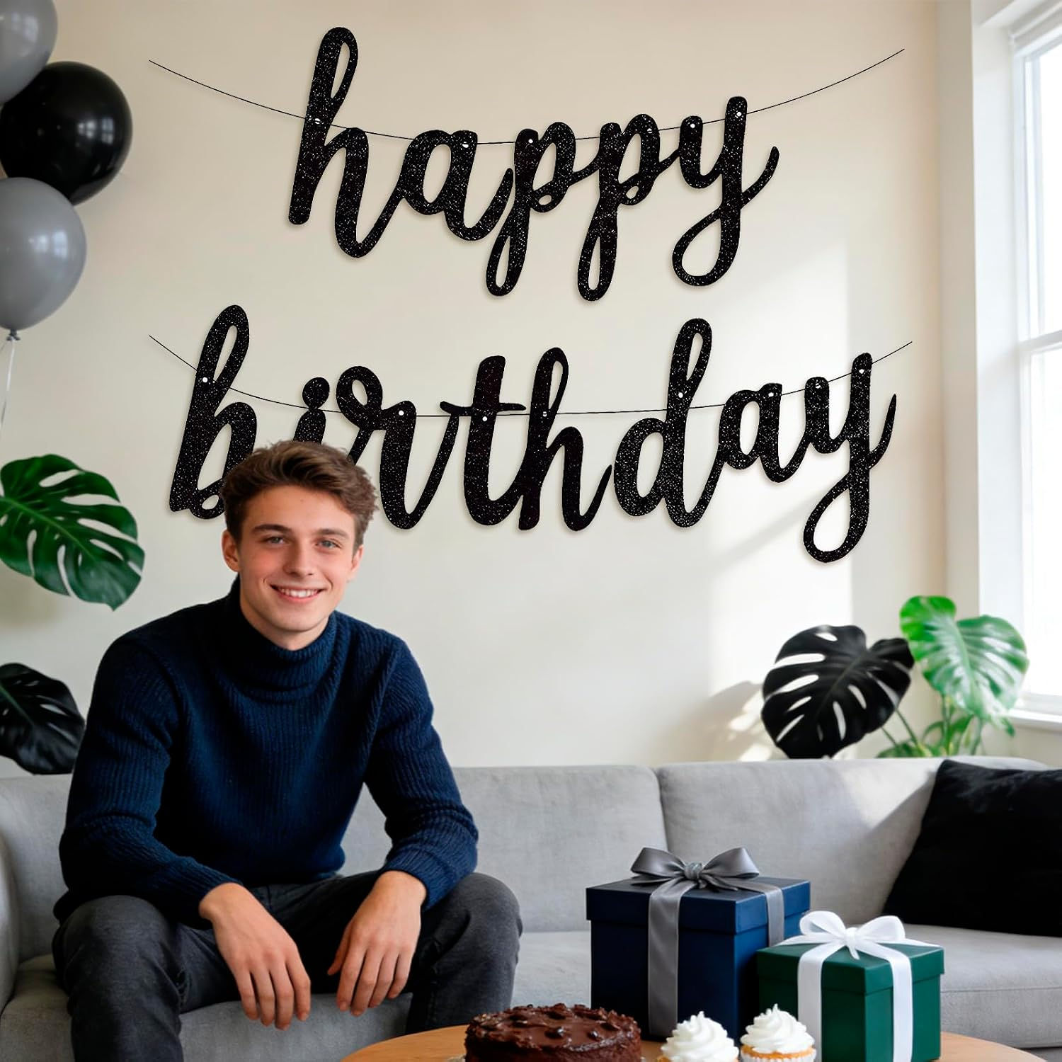 Black Glittered Happy Birthday Banner