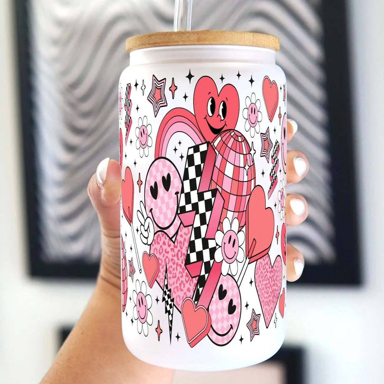 16oz Retro Groovy Glass Can Cup with Lid and Straw