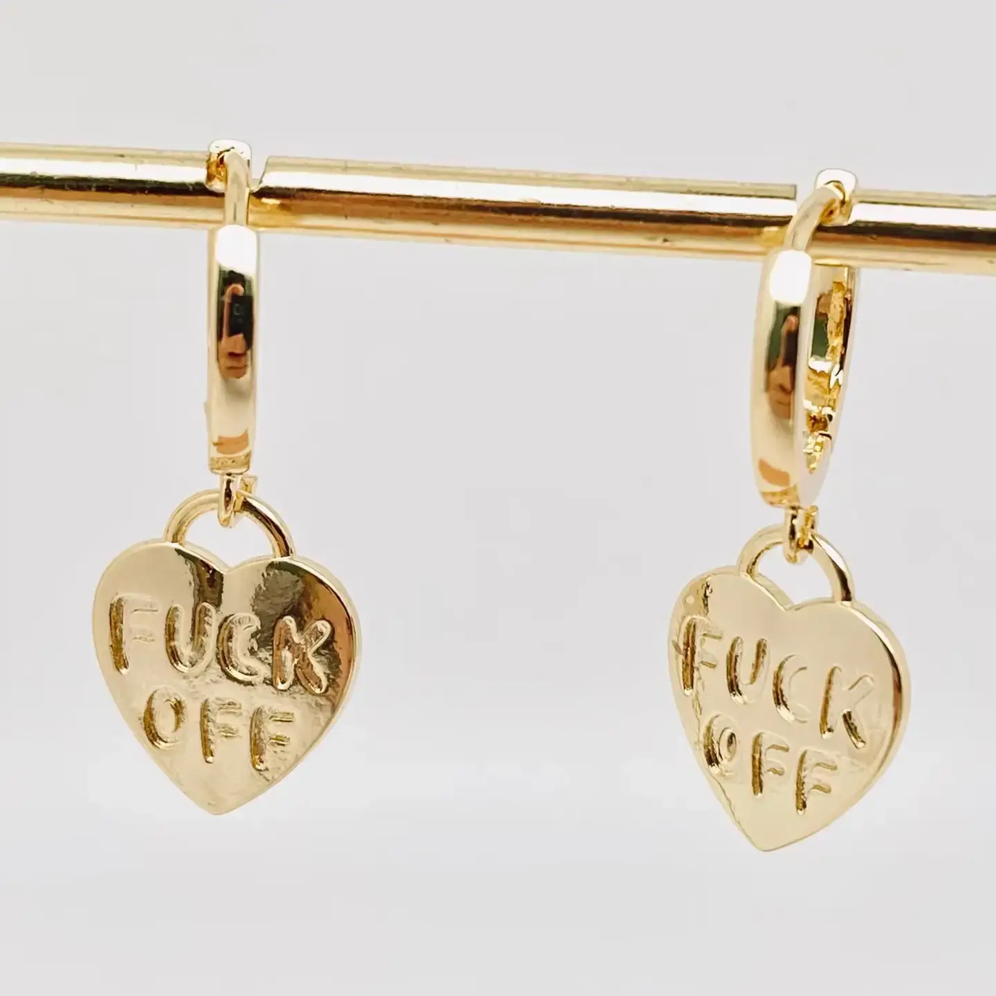"Fuck Off" Heart-Shaped Gold Plated Huggie Earrings