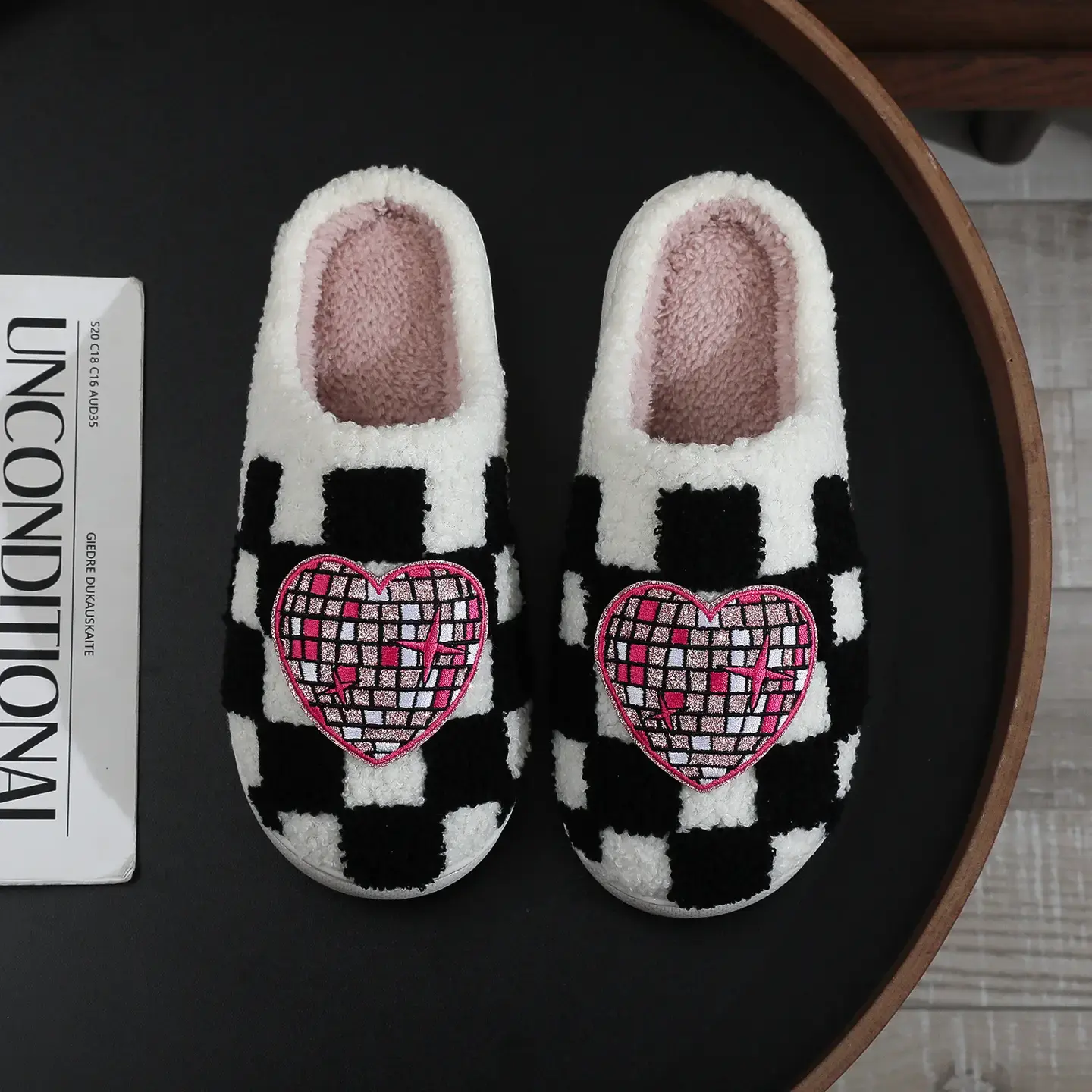 Valentines Checkerboard Heart Plush Slippers