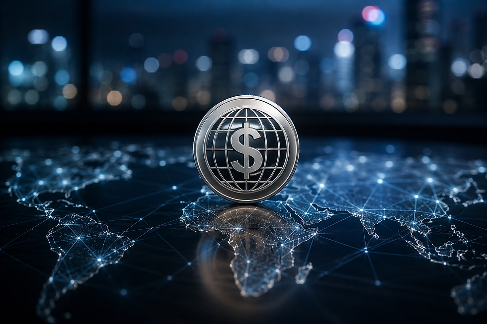 Silver coin with dollar sign over glowing world map network, with blurred city lights in the dark background