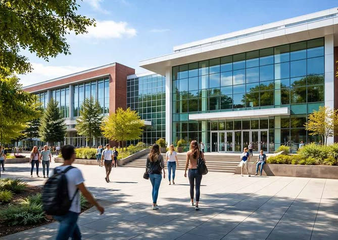 Students walk across a sunny modern campus plaza toward glass-fronted buildings with trees and steps under a blue sky.