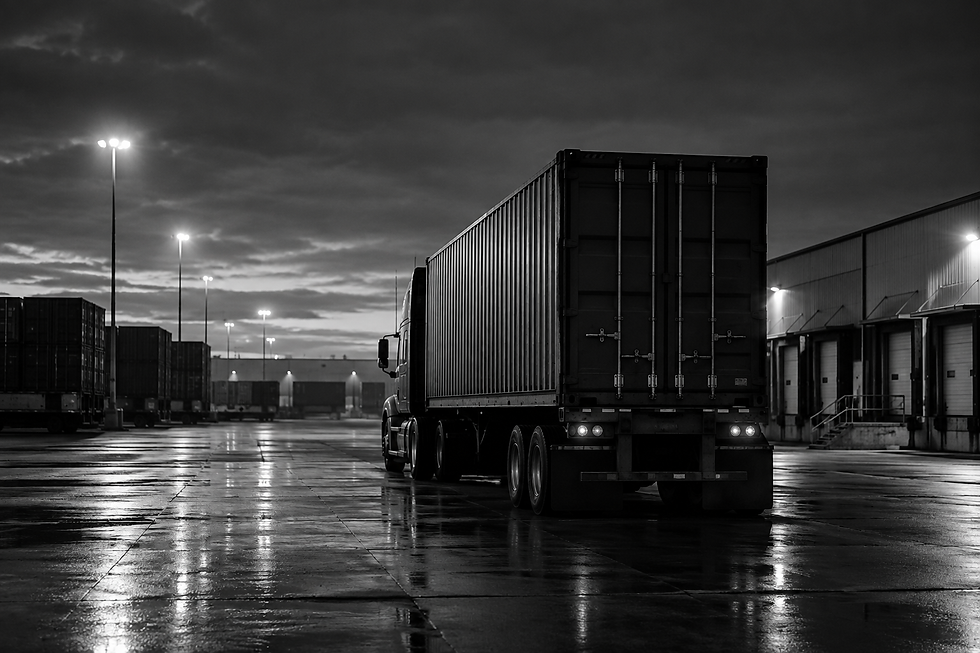 Semi-truck with trailer in a wet warehouse yard at dusk, streetlights reflecting on pavement in a moody black-and-white scene.